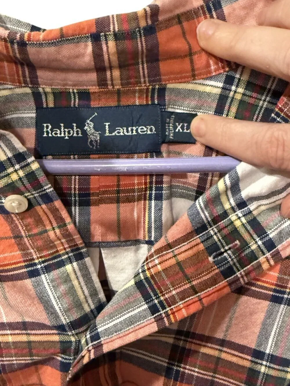 Ralph Lauren Mens Orange Plaid Button-Down Shirt XL Long Sleeve Classic Fit Cott